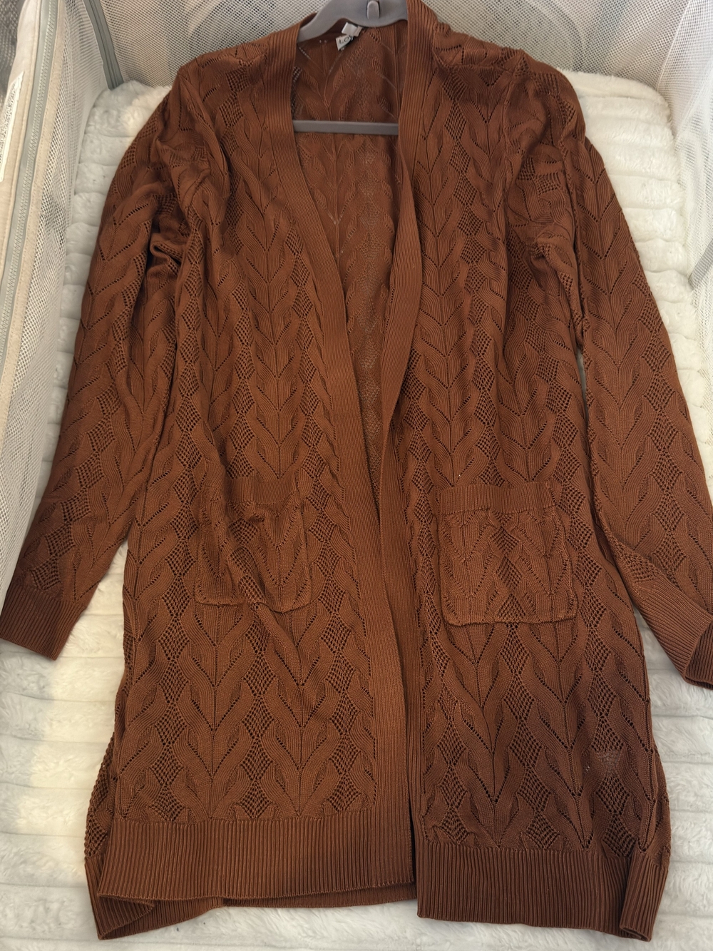 Open-Front Pointelle Cardigan Sweater - Rust